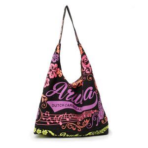 Aruba Neon Hobo Tote Shoulder Bag Canvas Cotton Travel Beach Summer Black Pink